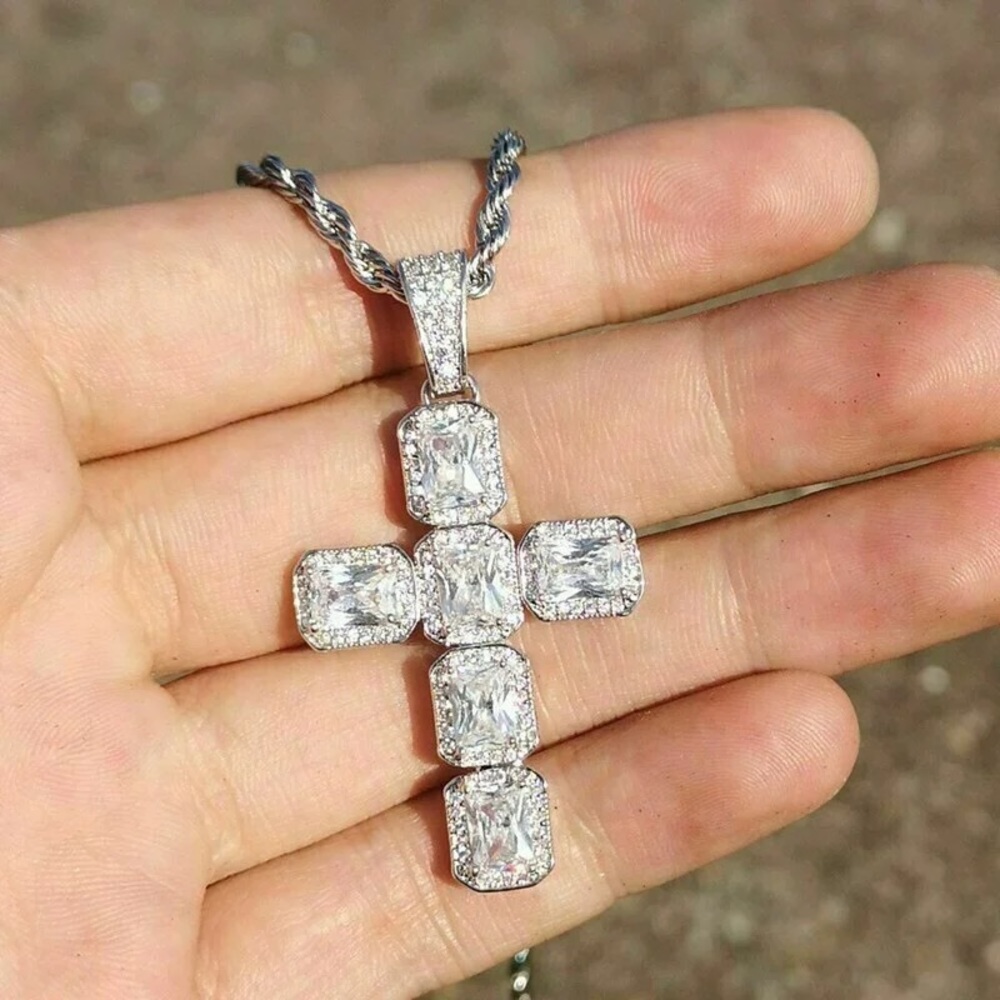New Men Women 925 Silver Cross Diamond Necklace